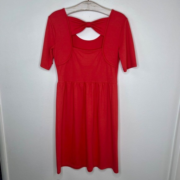 Garnet Hill Womens Knit Dress Size Small Coral Short Sleeve Bow Open Back Casual - Picture 6 of 8